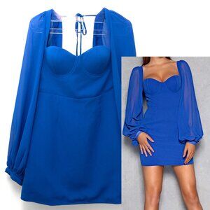 Elle Zeitoune Meagan Dress Evening Mini Cocktail Draped Sleeves Blue Size 12 New